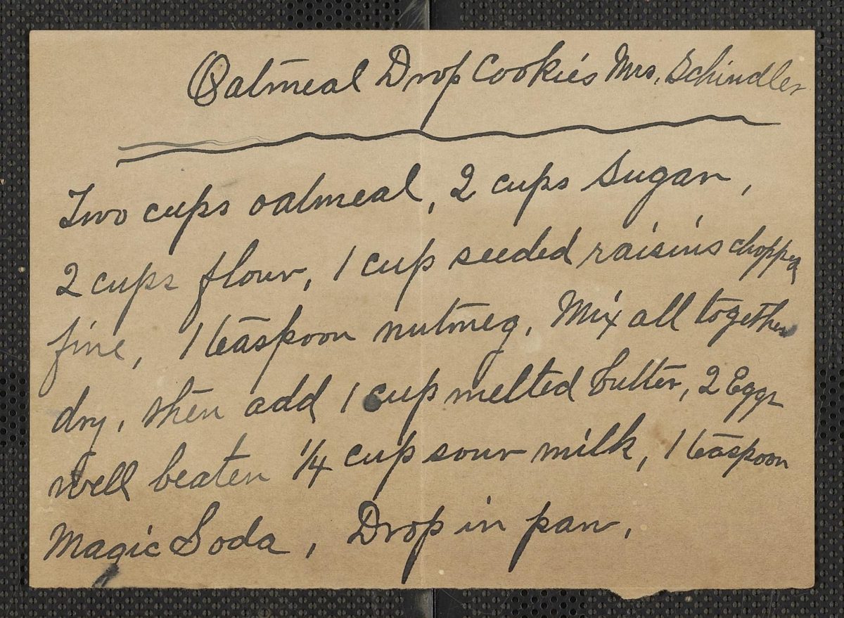 A handwritten early-1900s recipe note for Oatmeal Drop Cookies, Mrs. Schindler