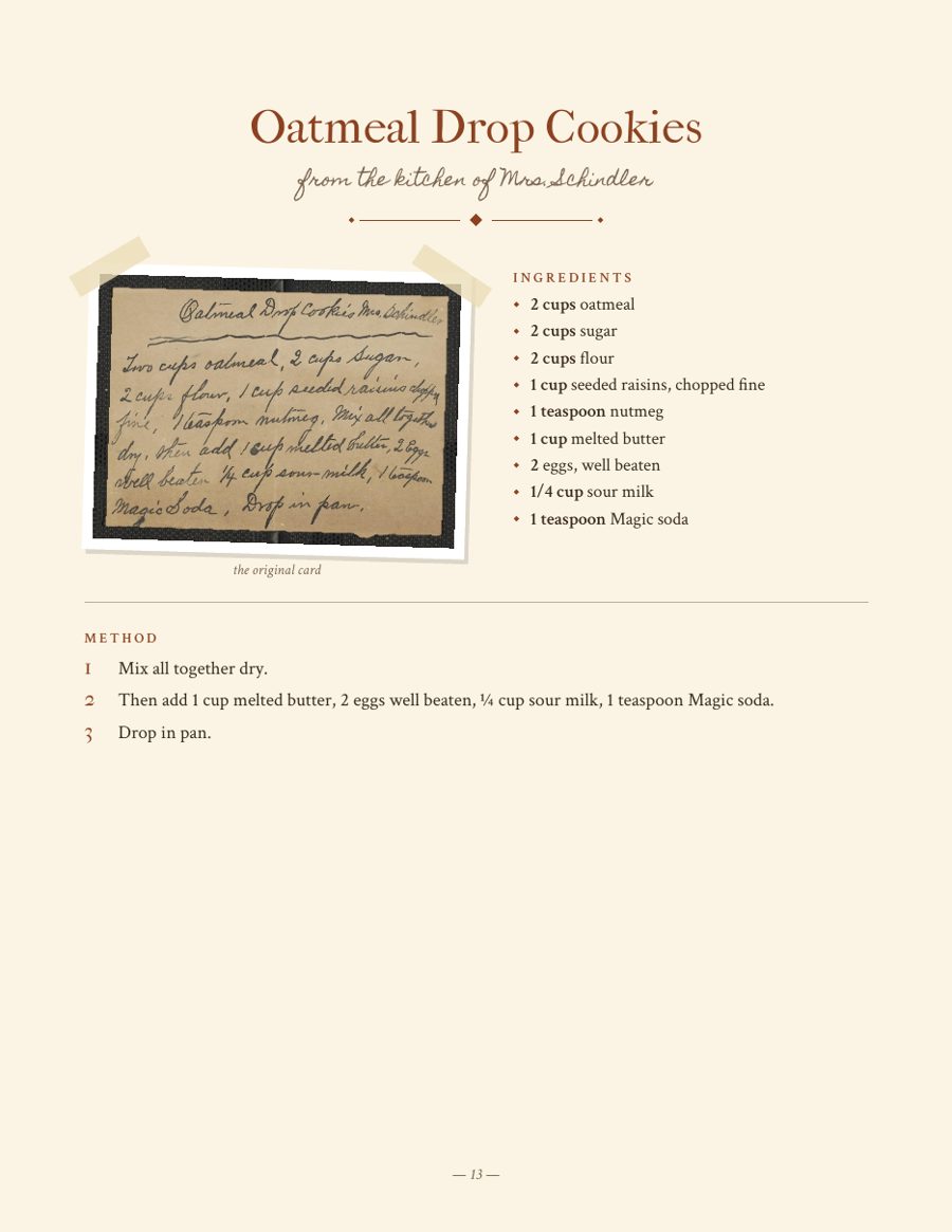 The oatmeal drop cookie recipe laid out as a vintage-style cookbook page with the original card photo