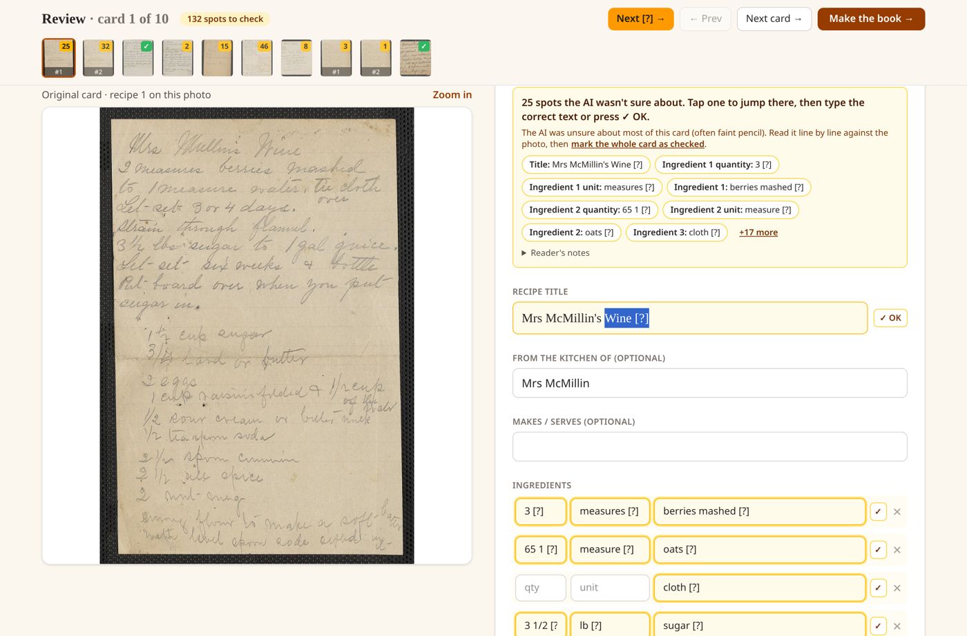 A review screen showing a faint handwritten recipe beside its transcription, with uncertain words marked [?] for checking